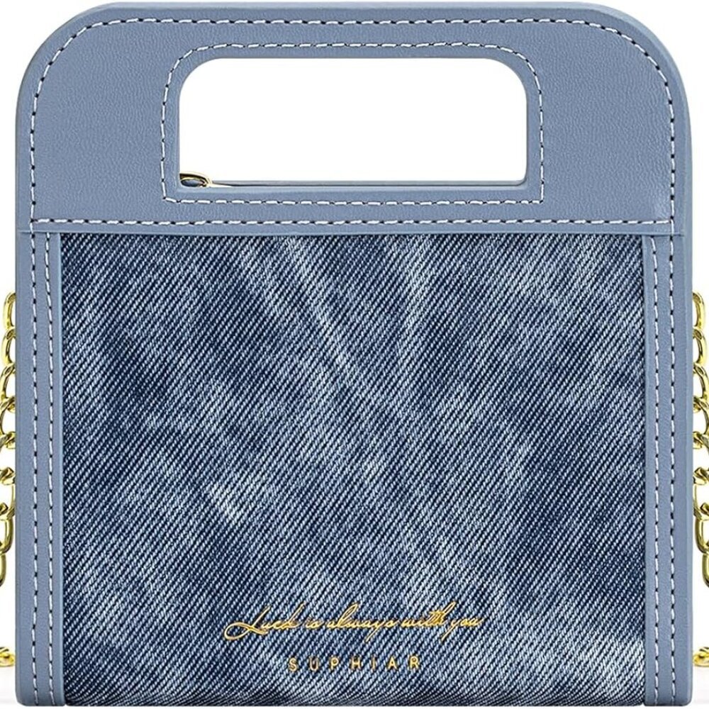 for Women, Small Bifold , PU leather with Denim Texture with Zipper Pocket, Hand